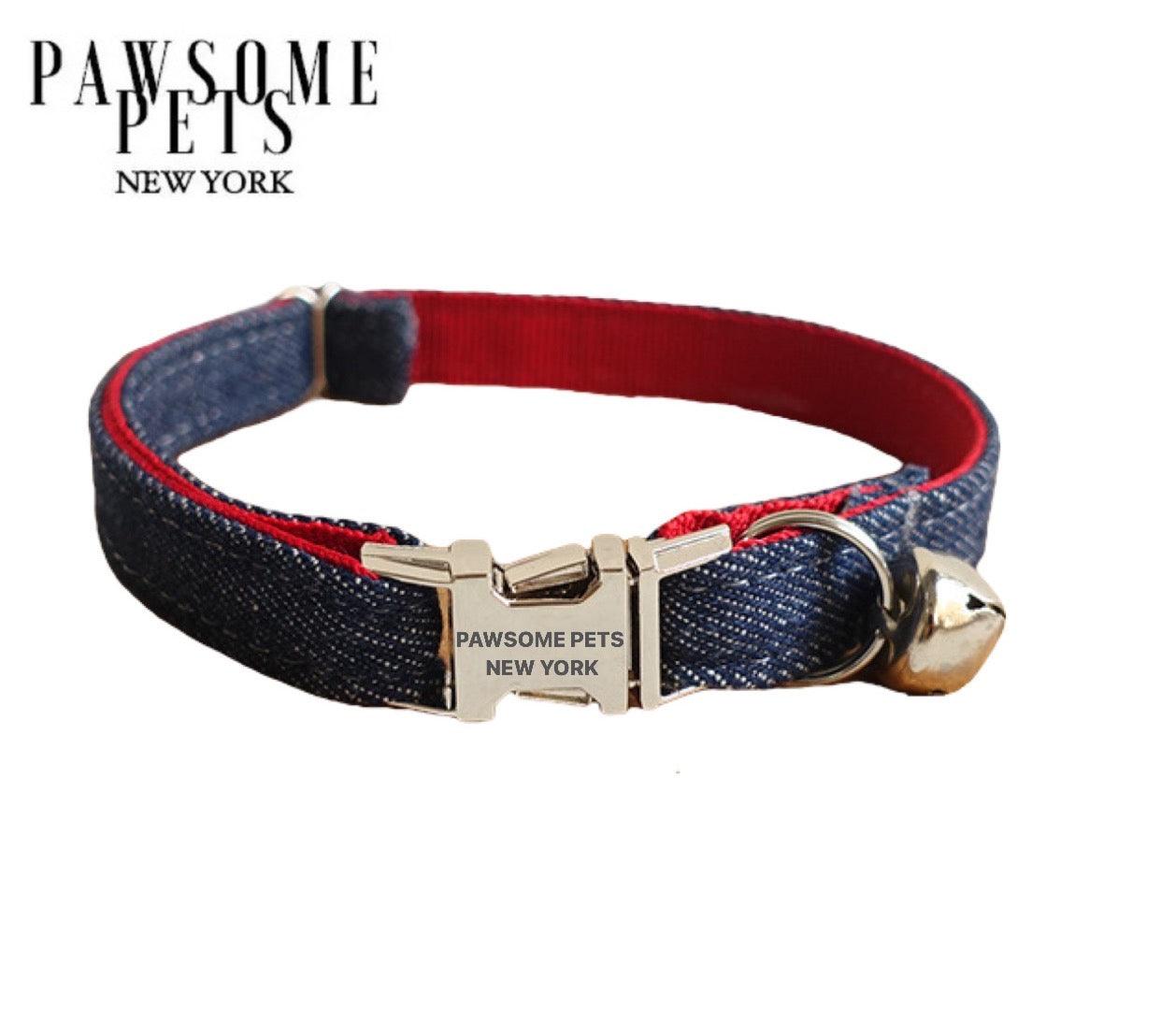 DOG & CAT COLLAR - JEANS BLUE WITH RED